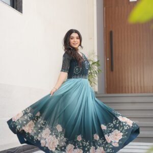 Women's Elegant Teal & Aqua Ombre Gown with Floral Printed Flair & Embellished Bodice โ Perfect for Summer Festivities & Parties