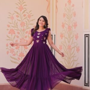 Women's Elegant Plum Purple Georgette Anarkali Gown with Butterfly Applique & Ruffle Sleeves โ Festive & Special Occasion Wear