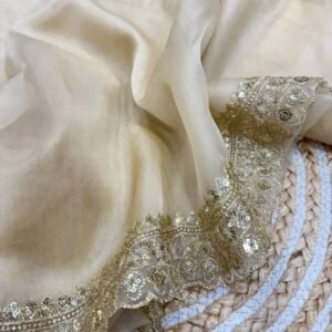 Luxurious Ivory Organza Dupatta with Heavy Golden Sequin & Zari Cutwork Border – Perfect for Weddings & Festive Layering
